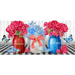 Red, white, and blue mini jars with flowers on a black and white checkered surface.