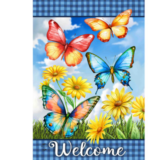 Butterfly Garden House Flag with colorful butterflies, yellow flowers, and blue gingham border welcome sign.