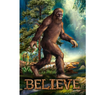 Believe Bigfoot house flag featuring a large brown sasquatch walking through a forest landscape scenery.