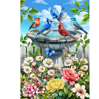 Vibrant garden scene with backyard birdbath, colorful flowers, and various birds gathered around water basin.
