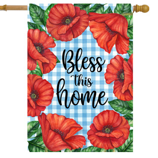 Bless This Home checkered floral house flag with red poppies and green leaves on blue background.