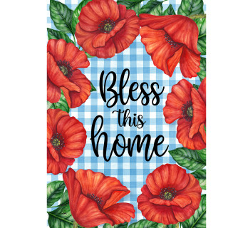 Bless This Home checkered floral house flag with red poppies on blue and white gingham background.