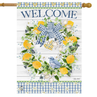 Bluebird Lemon Wreath House Flag with welcome text and blue bird on white background.