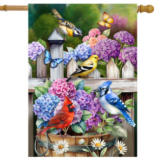Bird Watching House Flag with colorful birds, hydrangeas, and butterflies on a garden fence background.