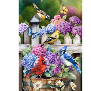 Bird Watching House Flag with colorful birds, hydrangeas, and butterflies on a wooden fence background.