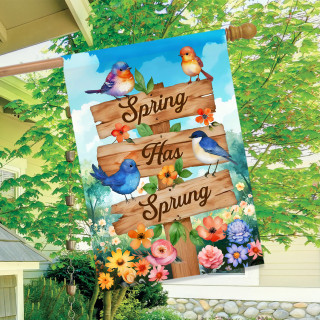 Spring Has Sprung Sign House Flag with colorful birds, flowers, and wooden boards outdoor decoration.
