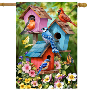 Spring Celebration Birdhouses House Flag with colorful birdhouses, birds, butterflies, and flowers garden decor.