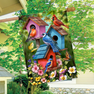 Spring Celebration Birdhouses House Flag with colorful birdhouses, birds, and flowers.
