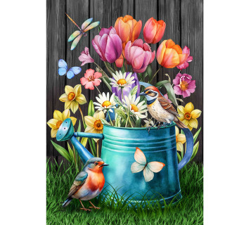 Garden Buddies House Flag with colorful flowers, birds, butterflies, and dragonflies on a green watering can.