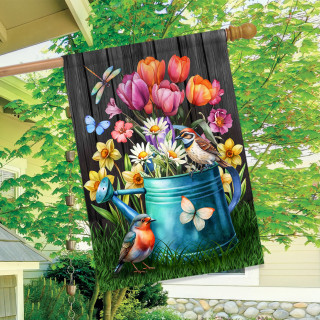 Garden Buddies House Flag, colorful floral design with birds and butterflies on a blue watering can.