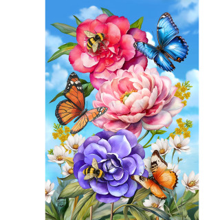 Butterflies and Peonies House Flag with colorful flowers, butterflies, and bees on a blue background.