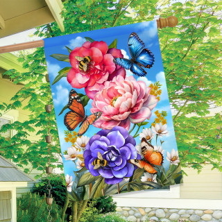 Butterflies and Peonies house flag with colorful flowers and butterflies on a blue background.