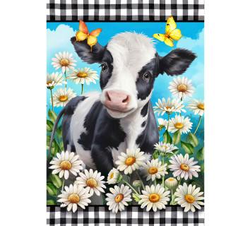 Black and white cow house flag with checkered border, surrounded by white daisies and butterflies.