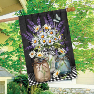 Lavender and daisies on black checkered house flag with mason jars and butterfly outdoor decor.