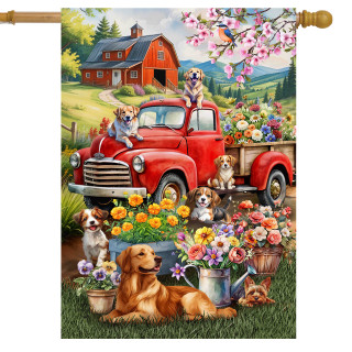 Farm Pups House Flag with colorful dogs, red truck, and flowers on green grass background.