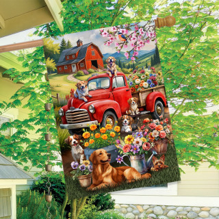 Farm Pups House Flag with colorful dogs, red truck, and flowers outdoor yard decoration garden flag.