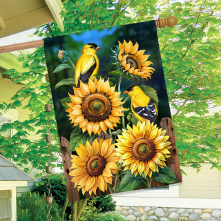 Goldfinch Gathering House Flag with yellow birds and sunflowers on a garden background outdoor decor.