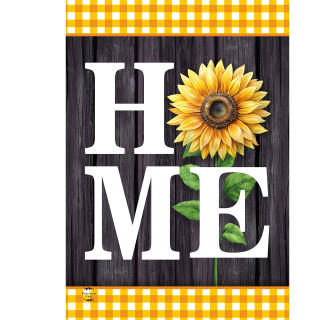 Sunflower Home House Flag with white HOME text on dark wood with yellow gingham border.
