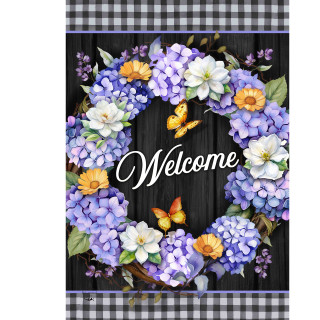 Hydrangea wreath house flag with purple flowers, butterflies, and "Welcome" text on black background.