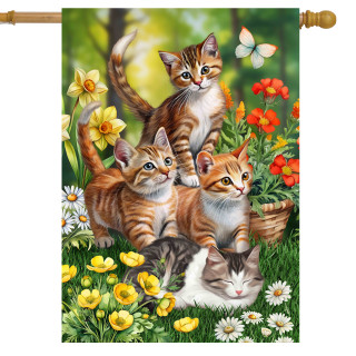 Kittens in garden house flag with colorful flowers and butterfly, featuring four adorable kittens outdoors.