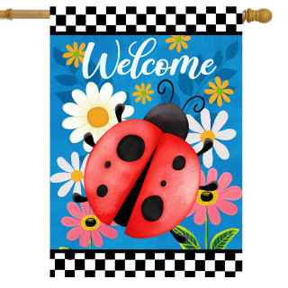 Ladybug Welcome House Flag with colorful flowers and checkered border on a blue background.