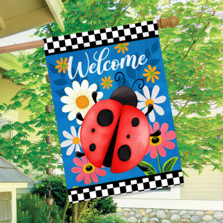 Ladybug Welcome House Flag with colorful flowers and checkered border, red ladybug and white welcome text.
