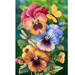 Pansy Trio House Flag with colorful pansy flowers, butterflies, dragonfly, and ladybugs on a green background.