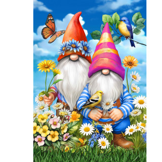 Two garden gnomes with colorful hats and clothes surrounded by flowers, birds, and a butterfly.