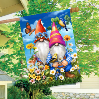 Gnomes in Garden House Flag with colorful gnomes, flowers, butterflies, and birds on blue background.