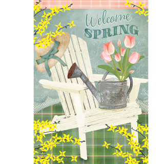 Spring Adirondack chair house flag with welcome spring design, white chair, pink tulips, and yellow flowers.