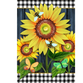 Blooming Sunflowers House Flag with yellow sunflowers, bees, butterflies, and green leaves on black background.