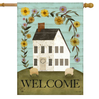 Country Saltbox House Flag with welcome text, white house, sunflowers, and sheep on green hill.