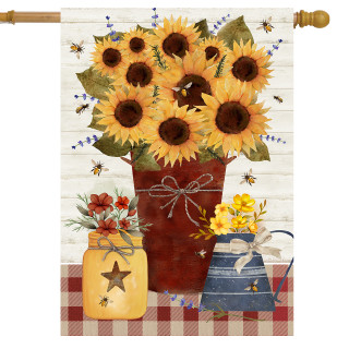 Farmers Market House Flag with sunflowers, mason jars, and bees on a red checkered tablecloth.