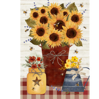 Farmers Market House Flag with sunflowers, bees, and flowers on a red and white checkered table.