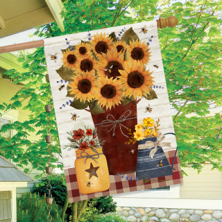 Farmers Market House Flag with sunflowers, mason jars, and plaid background hanging outdoors.
