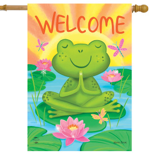 Peaceful Frog House Flag with green frog, pink flowers, and "WELCOME" on colorful garden background.