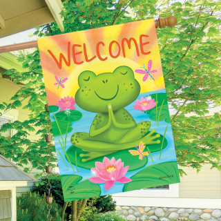 Peaceful Frog House Flag with green frog, pink flowers, and welcome text on colorful background.