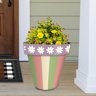 Large Spring Stripes planter with colorful flowers, green, pink, beige, and purple striped ceramic pot.