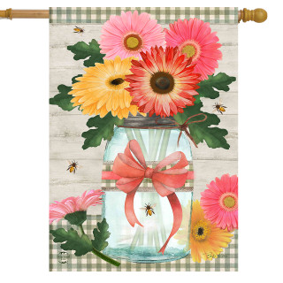 Daisies and Bees Jar House Flag with pink, yellow flowers and green leaves on gingham background.