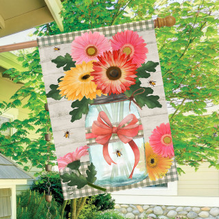 Daisies and Bees Jar House Flag with pink, yellow flowers and bees on a garden pole.