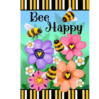 Busy Bees House Flag with colorful flowers and bees on a green background with bee stripes.