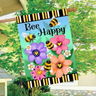 Busy Bees House Flag with colorful flowers, bees, and "Bee Happy" text on a garden flag.