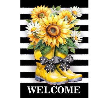 Yellow rain boots with black bows and sunflowers on black and white stripes welcome sign.