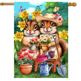 Springtime Chipmunks House Flag with garden tools and flowers, showcasing two chipmunks and gardening accessories.