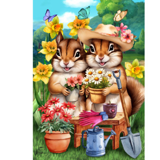 Springtime Chipmunks House Flag with colorful flowers, gardening tools, and two adorable chipmunks.