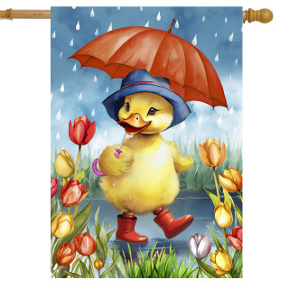 Rainy Day Duckling House Flag with yellow duckling, red boots, blue hat, and red umbrella.