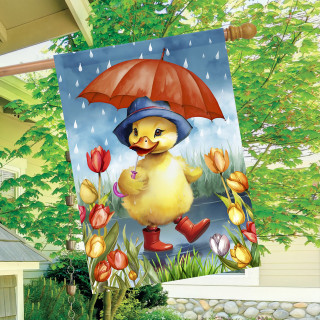 Rainy Day Duckling House Flag with yellow duckling, red boots, and umbrella on blue background with tulips.