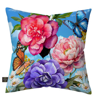 Butterflies and Peonies Indoor Outdoor Pillow with colorful floral and butterfly design on blue background.