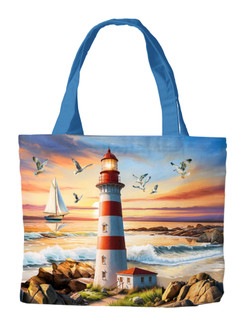 Lighthouse At Sunset Canvas Tote bag with red, white, and blue ocean scene design.