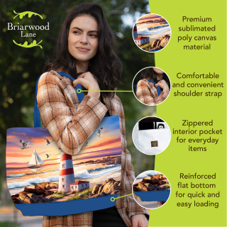 Woman holding blue canvas tote bag with lighthouse at sunset design and blue shoulder strap.